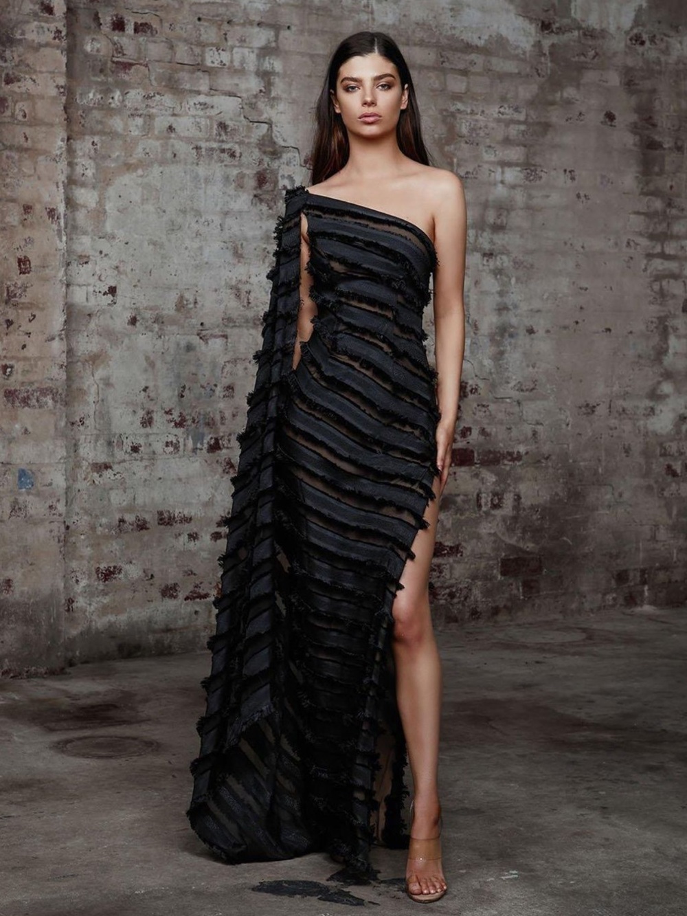 Lexi Bowery Dress One Shoulder Black Ruffle Gown